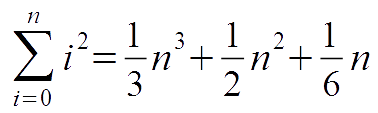 The sum of the first n squares equals one third n cubed plus one half n squared plus one sixth n.